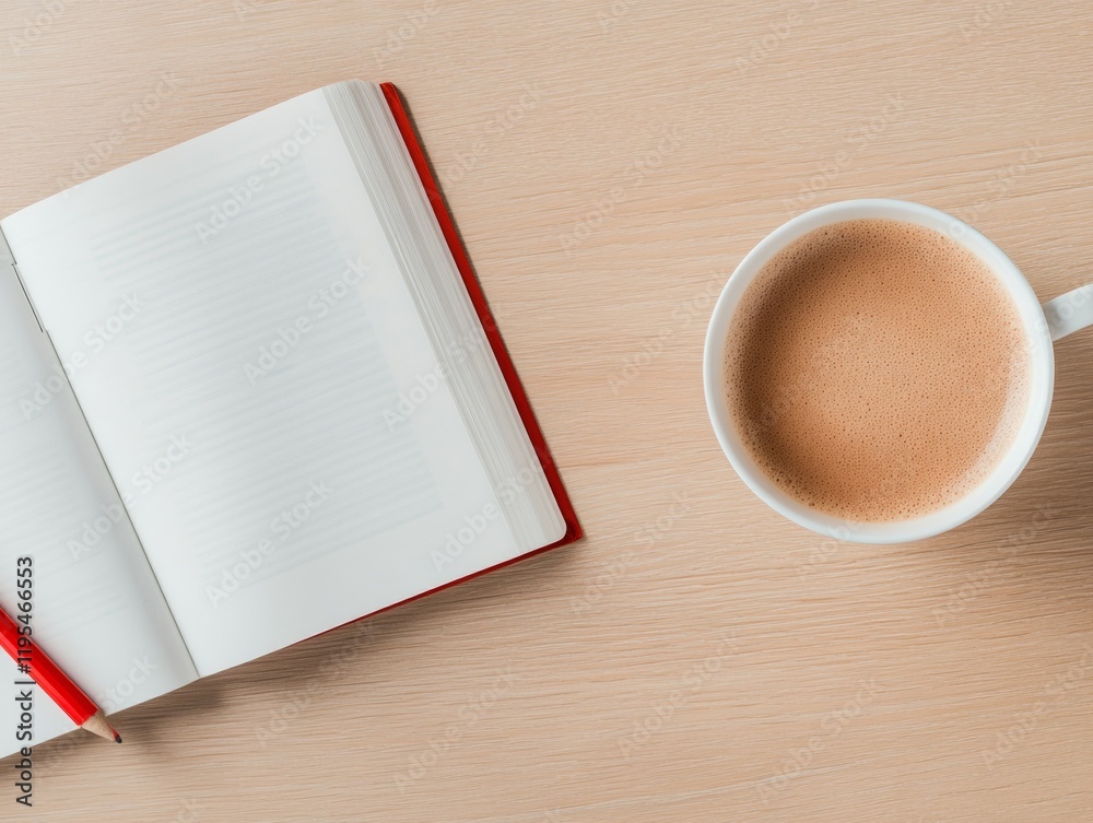 Aufkleber serene study setup with open book, cozy beverage, and minimalist desk style