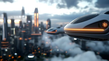 Obraz premium Futuristic cityscape showcasing a smart city with advanced cloud powered infrastructure innovative transportation like flying vehicles and a technologically advanced urban landscape