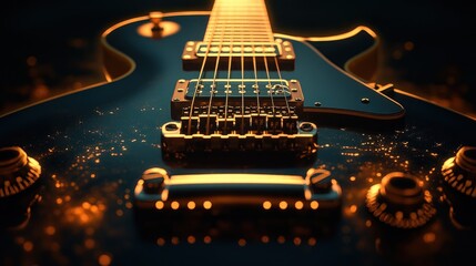 Close-up of a black electric guitar with gold hardware.