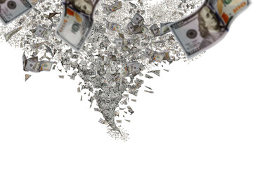 Money wallpaper background with US dollar bills tornado, whirlwind of dollars hurricane. Flying,...