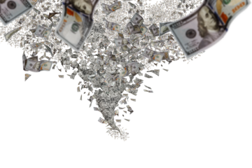 Money wallpaper background with US dollar bills tornado, whirlwind of dollars hurricane. Flying, levitating american cash. Typhoon of hundreds usd dollars banknotes