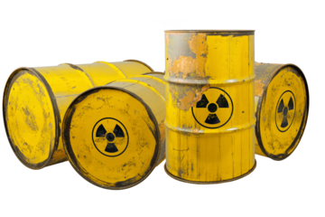 Barrel with radioactive waste. Nuclear warning sign. Rusty dangerous barrel with radionuclide, hazardous toxins on isolated background