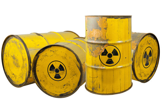 Barrel with radioactive waste. Nuclear warning sign. Rusty dangerous barrel with radionuclide, hazardous toxins on isolated background