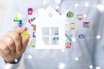 home iot - Neural network 3D illustration. Big data and cybersecurity