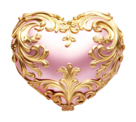 Décoration rose en forme de cœur ornée de motifs dorés style baroque, thème de la Saint-Valentin, isolée sur fond transparent