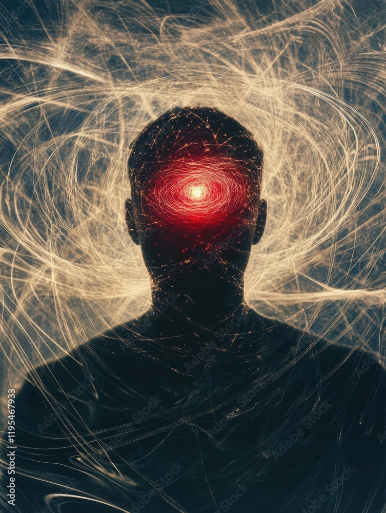 Leinwandbilder person with glowing center surrounded by swirling lines and abstract shapes in a mysterious setting 