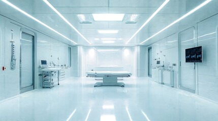 A large, empty room with white walls and floors, featuring various medical equipment and beds.