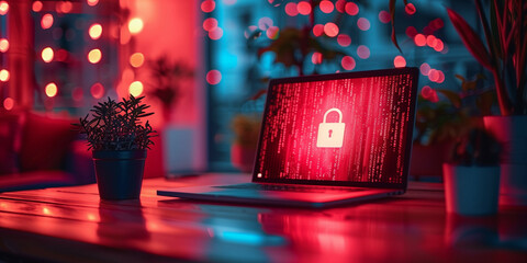 A Modern Cyber Security Concept Featuring a Laptop Displaying a Security Lock Icon Surrounded by Red Coding and Ambient Lighting