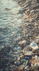 Ocean cleanup campaigns addressing marine pollution at shoreline high-resolution textures capturing environmental impact