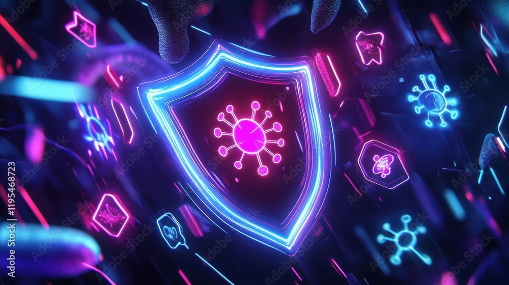 Poster Shield protects against harmful microbes in a futuristic digital environment filled with neon colors and technology. Generative AI