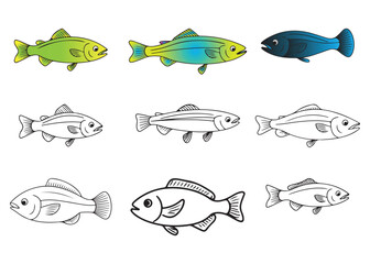 set of fish, Isolated cute sea fish. Set of freshwater aquarium cartoon fish for print, children development. 