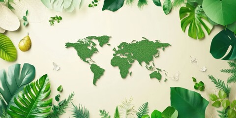 Obraz premium A world map crafted from green materials is framed by various leafy plants and foliage, emphasizing themes of nature and environmental awareness