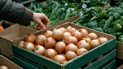 Hand selecting plump onions from a wooden crate surrounded by fresh produce at a bustling outdoor market