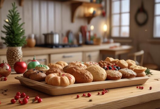 A festive holiday kitchen scene features a tray of freshly baked spe Kulatius and other sweet treats on a wooden counter, holiday kitchen, christmas treats, cookies