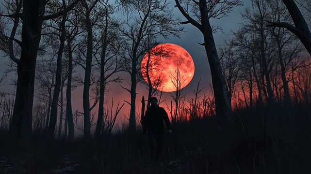 Red moon rising over dark, silhouetted forest.