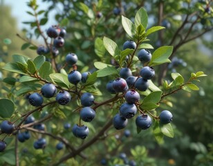 A few juicy blueberries cling to the slender twig of a shrub in a garden , flowers, twigs, foliage
