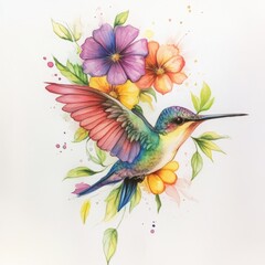 Vibrant Hummingbird with Colorful Floral Bouquet Watercolor Art