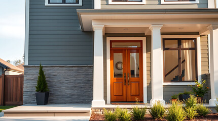 Modern House Exterior: Gray Siding, Wood Door, and Stone Accents.  Luxury home design and architecture. Real estate photography.