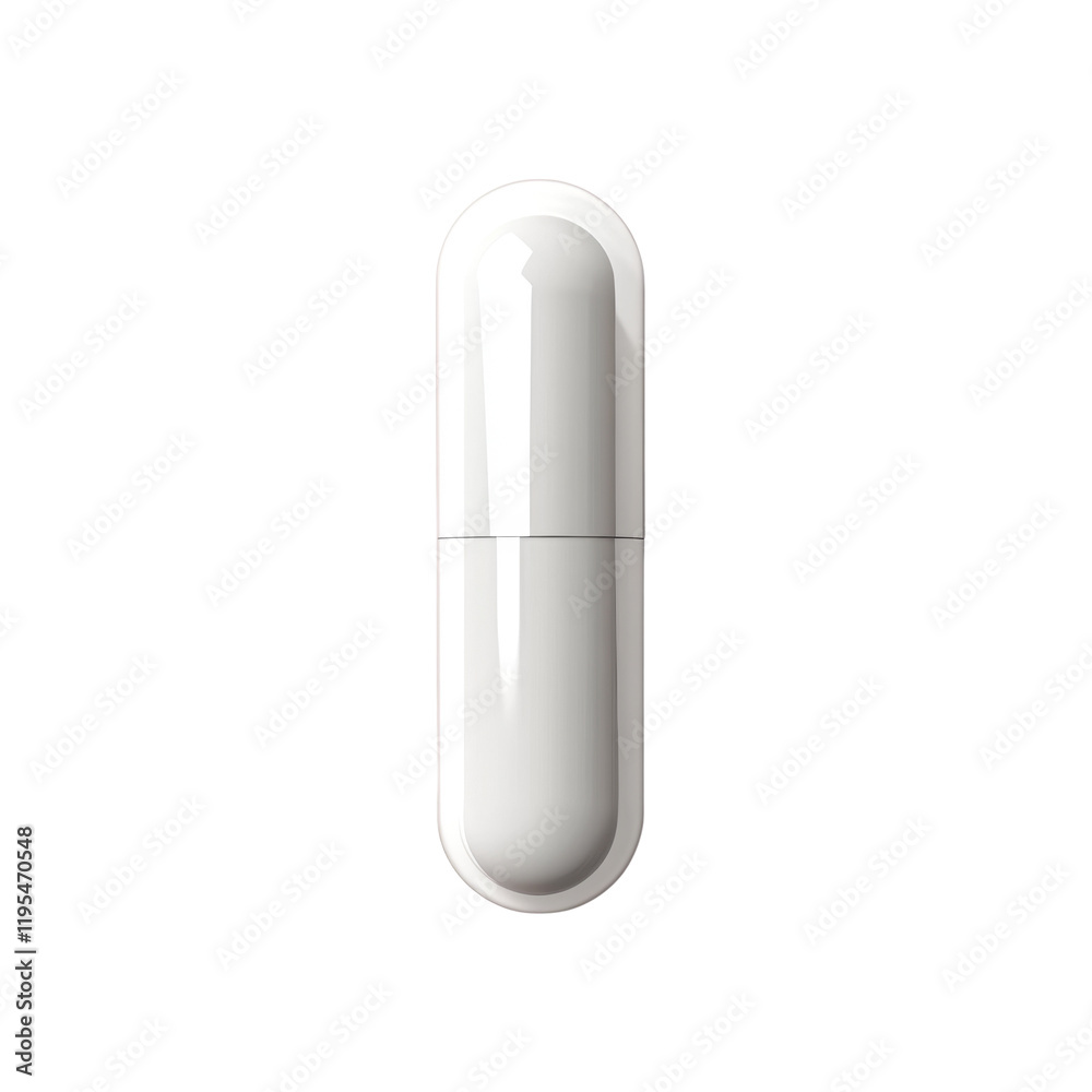 Poster a digitally rendered image showcases a single, white capsule against a stark black background.