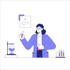 Female Scientist Conducting Lab Experiment With Test Tubes In Flat Vector Illustration Symbolizing Research, Laboratory Work, And Chemistry, Isolated On White Background.
