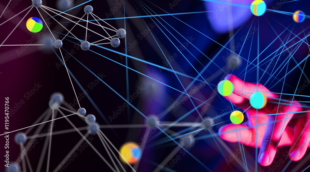 Poster Global network. Blockchain. 3D illustration. Neural networks and artificial intelligence. Abstract