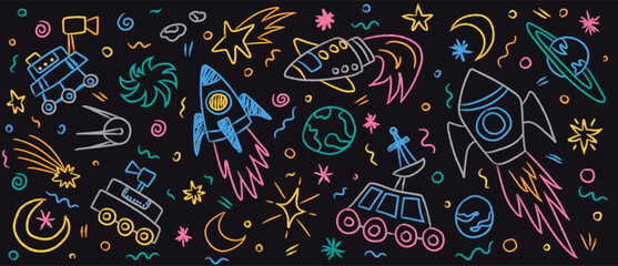 Cute kid crayon space set. Hand drawn doodle sketch objects, chalk rocket, rover, stars, planets, moon. Children crayon style scribble background. Vector illustration for your design, template © Foxelle