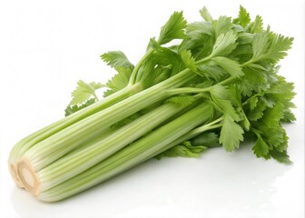 Fresh Celery Stalks with Vibrant Green Leaves Positioned on Right Side, White Background with Copy Space