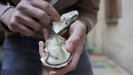 Opening oyster close-up with knife © Marco