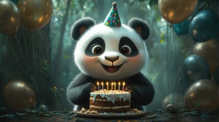 A cartoon panda celebrating a birthday with a party hat, balloons, and a large cake with candles