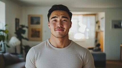 Fototapeta premium Morning light brightens a cozy living room as a young Kazakh man conveys gratitude and appreciation through a slight smile