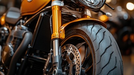 Fototapeta premium Close-up of a gold motorcycle's front wheel and suspension.
