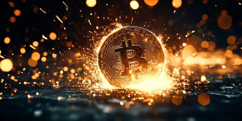 Golden Bitcoin Digital Currency Concept - Futuristic Finance, Cryptocurrency Coins, Blockchain Tech Symbol