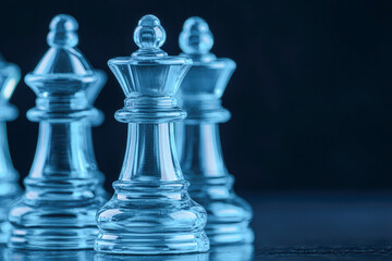 Competitive chess strategic indoor game with glass pieces on dark background