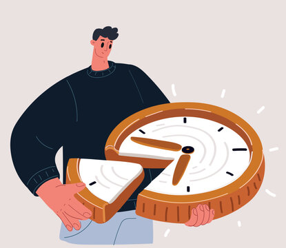 Cartoon vector illustration of a man removing a part of a clock dial, symbolizing taking control of time