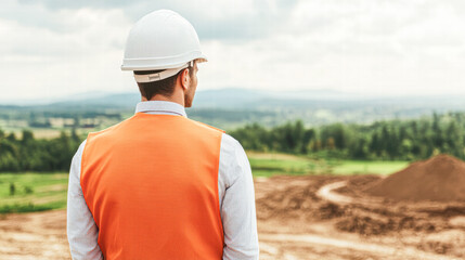 Construction worker overseeing project progress at job site industrial landscape