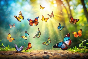 A group of colorful butterflies dancing in the warm sunlight, colorful butterflies, joy, movement, summer insects, wildlife