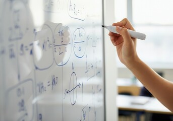 Close-up of teacher's hand writing complex mathematical formulas on whiteboard, educating students in bright classroom