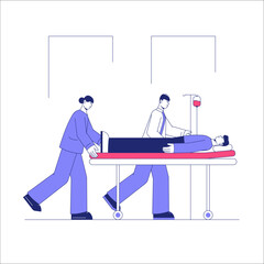 Two Medical Professionals Pushing A Patient On A Stretcher In Flat Vector Illustration Symbolizing Emergency Care, Hospital Staff, And Medical Transportation, Isolated On White Background