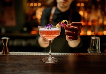 Professional bartender preparing a vibrant pink cocktail, garnishing it with delicate flowers and a twist of lemon