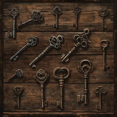 Antique Keys Arranged on Dark Wooden Surface