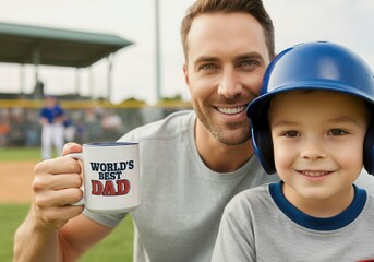 Father and son are smiling at a baseball game while the dad holds a world's best dad mug