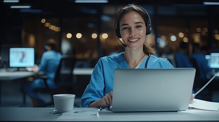 A female nurse wearing blue scrubs smiles as she engages in a video call with a patient from her desk in a clinic office. The scene highlights a modern healthcare environment