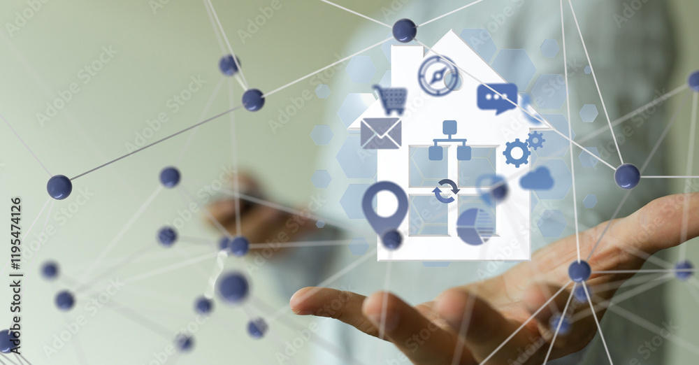 Poster home iot - Neural network 3D illustration. Big data and cybersecurity