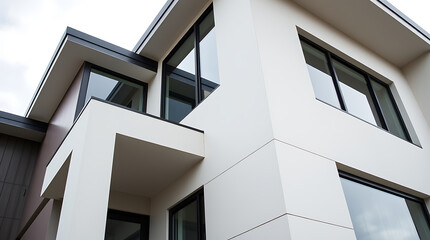 Obraz premium Modern Architectural Design: Sleek White House Exterior with Black Windows
