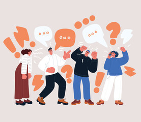Cartoon vector illustration of angry men and women arguing with each other or on the phone, symbolizing conflict and frustration