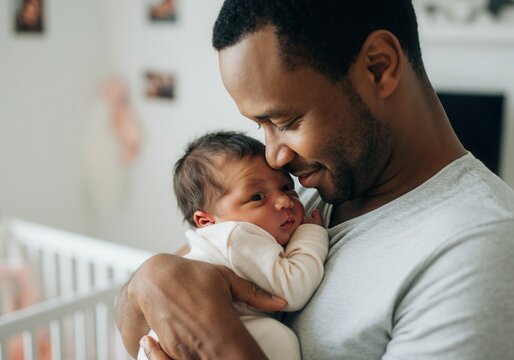 Father is embracing his newborn baby with tenderness and love in a cozy home setting
