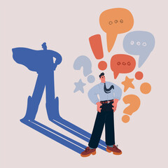 Cartoon vector illustration of a businessman casting a superhero shadow, symbolizing leadership, ambition, and inner strength against a dark backdrop