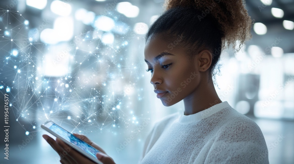 Poster modern tech innovation young black woman engaging with data visualizations in a bright co-working sp