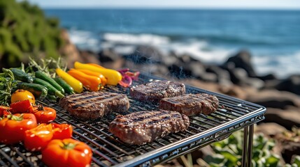 Grilling delicious burgers and fresh vegetables by the sea on a sunny day