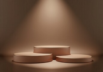 Three round podiums of different sizes, illuminated by a spotlight, create a captivating stage for product displays